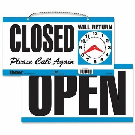 Headline Signs Sign, inOpen/Closedin, w/Clock Hands, 11-1/2inx6in, White/Blue HDS9395